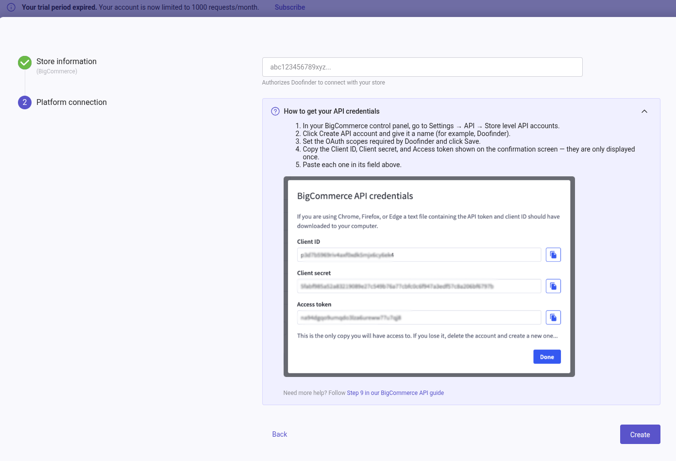 Connect your Bigcommerce store, write your API Path and Access Token