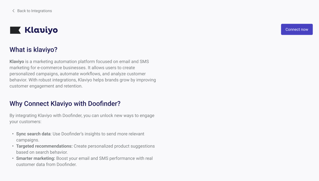 Connect Now Klaviyo in Doofinder Admin Panel