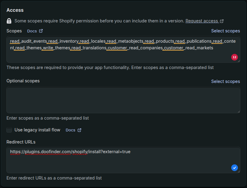 Create store first step, URL, platform and industry