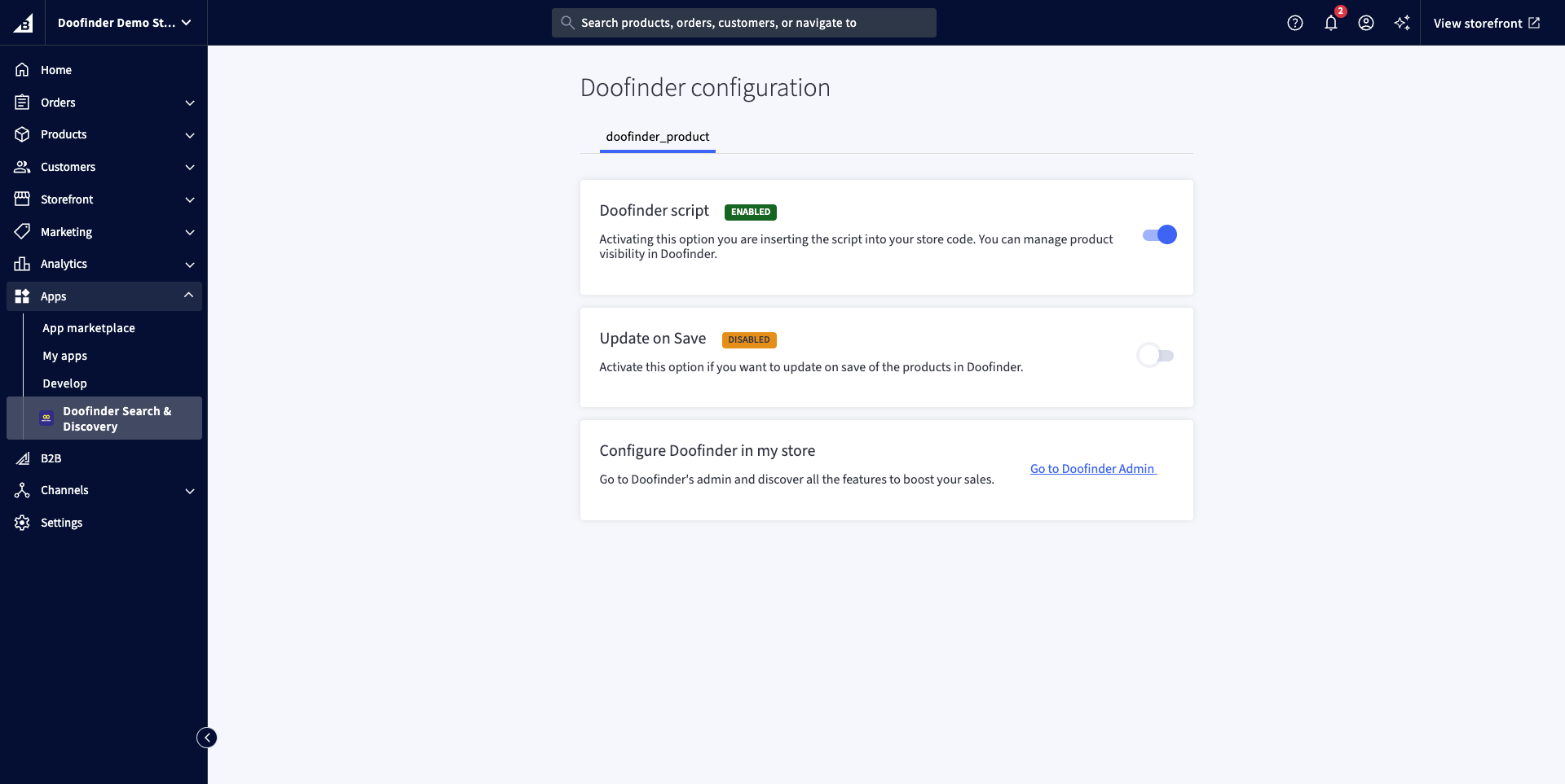 Doofinder configuration in the BigCommerce admin