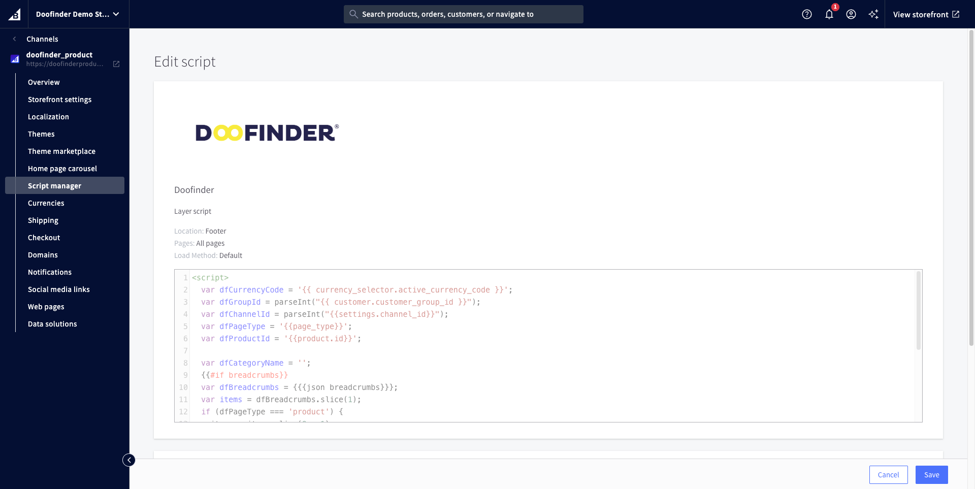 The Doofinder layer script in BigCommerce