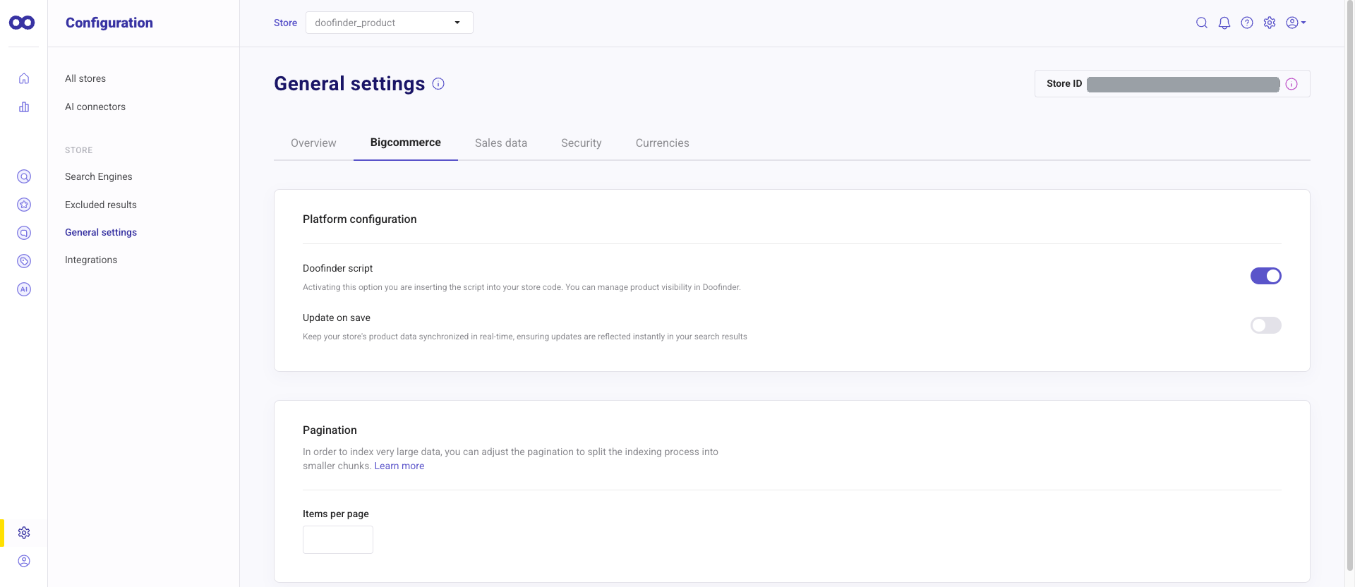 Platform configuration for BigCommerce in the Doofinder Admin Panel