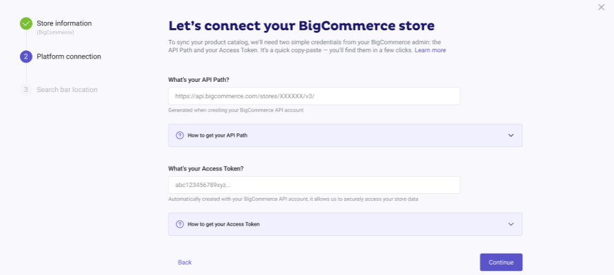 Connect your Bigcommerce store, write your API Path and Access Token