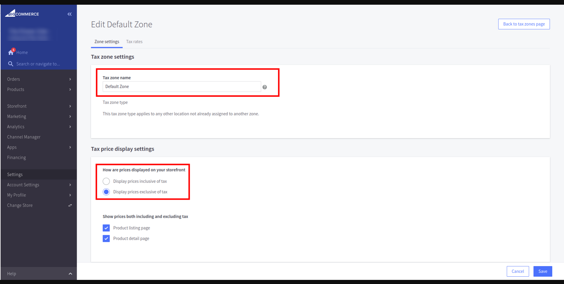 Tax price display setting