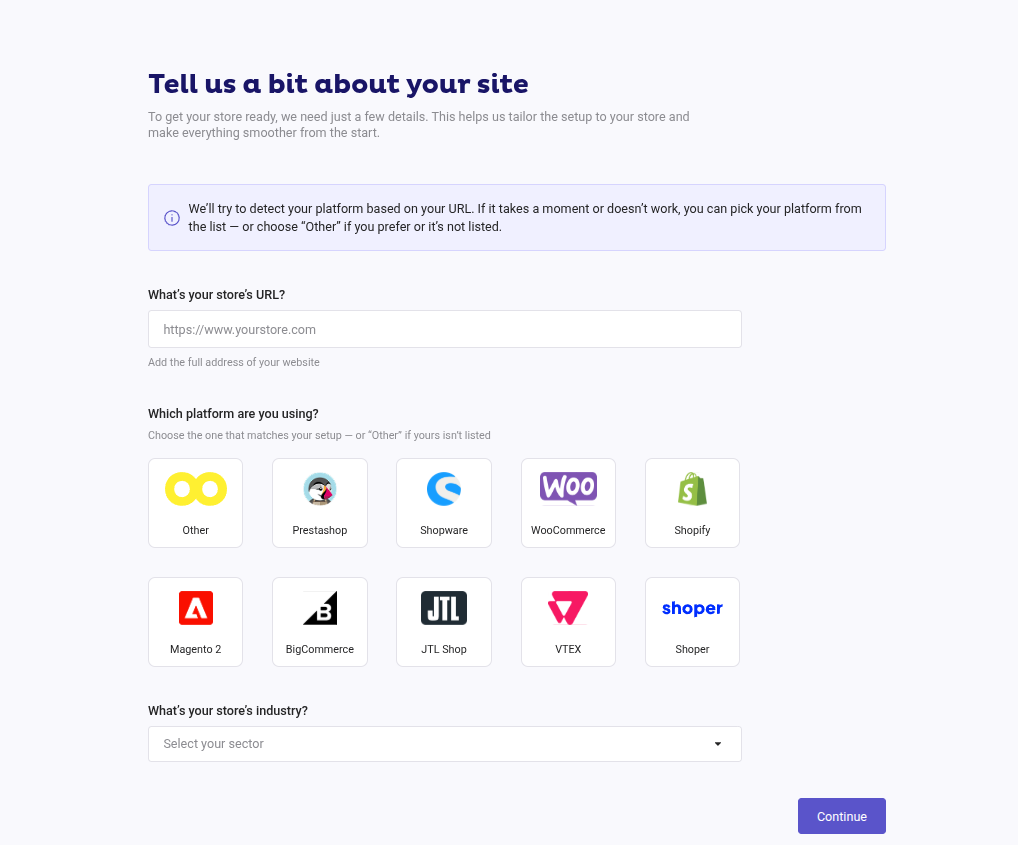 Create store first step, URL, platform and industry
