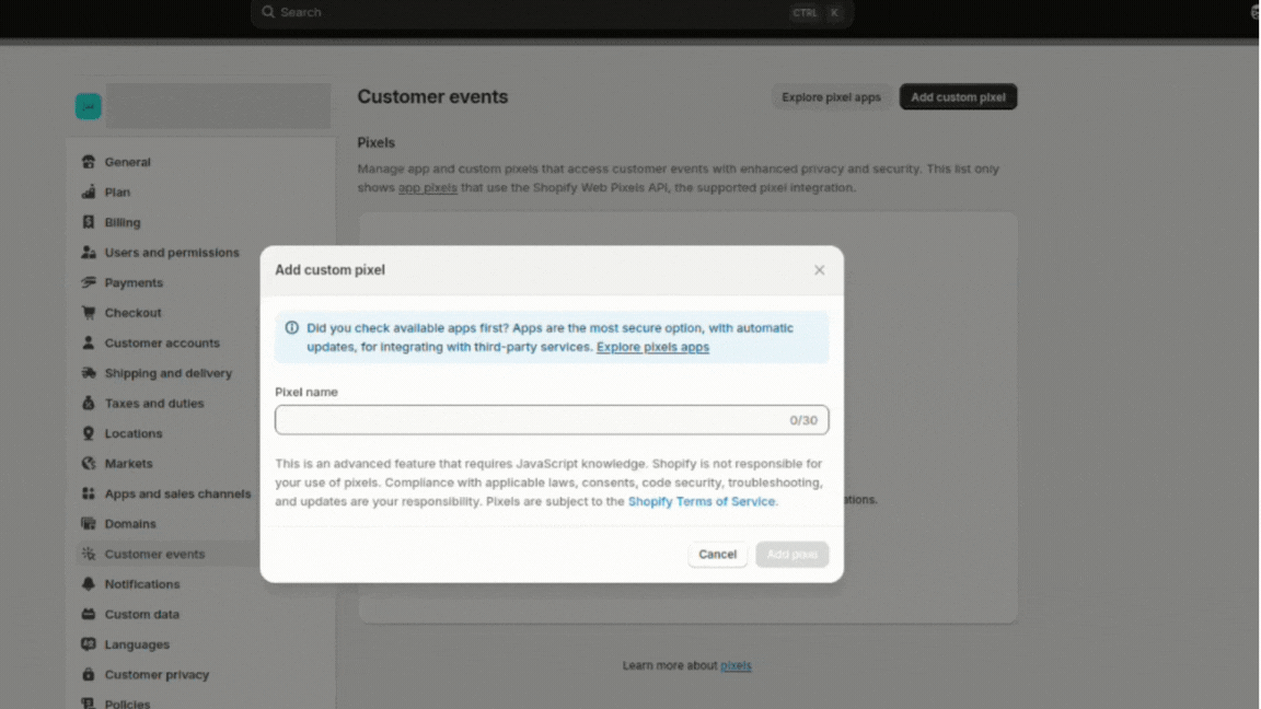 Create webpixel on shopify