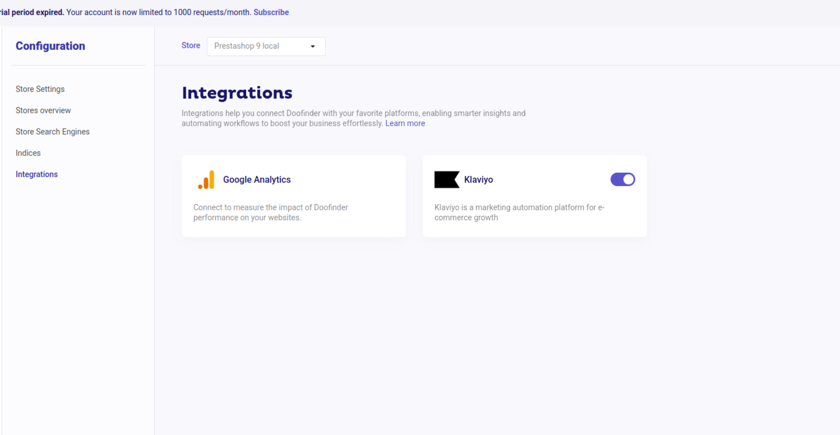 Integrations Panel on Doofinder's Admin. Appears the Store dropdown and Integrations such as Google Analytics and Klaviyo (this one with an enabled switch)