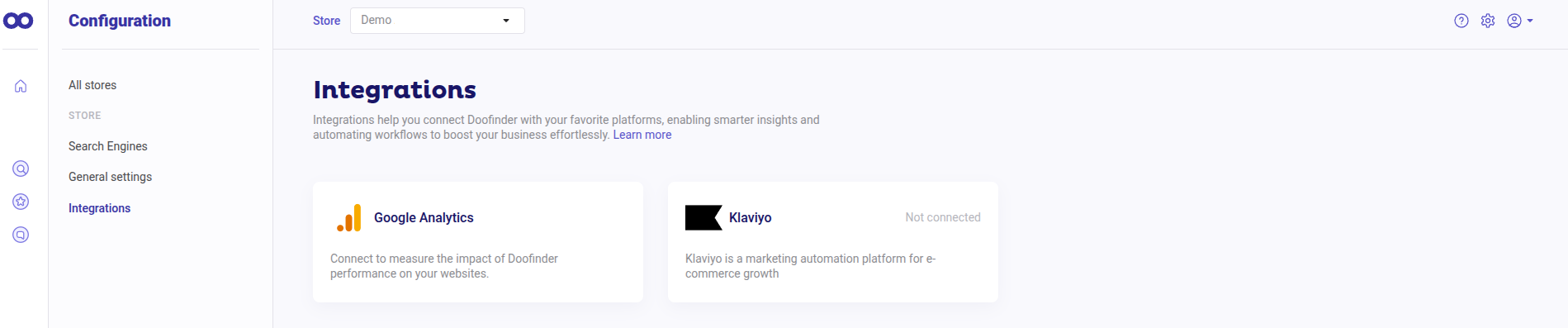 Integrations Panel on Doofinder's Admin. Appears the Store dropdown and Integrations such as Google Analytics and Klaviyo (this one with an enabled switch)