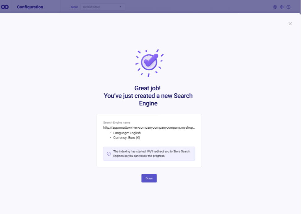 Message of creation of Search Engine finalized.