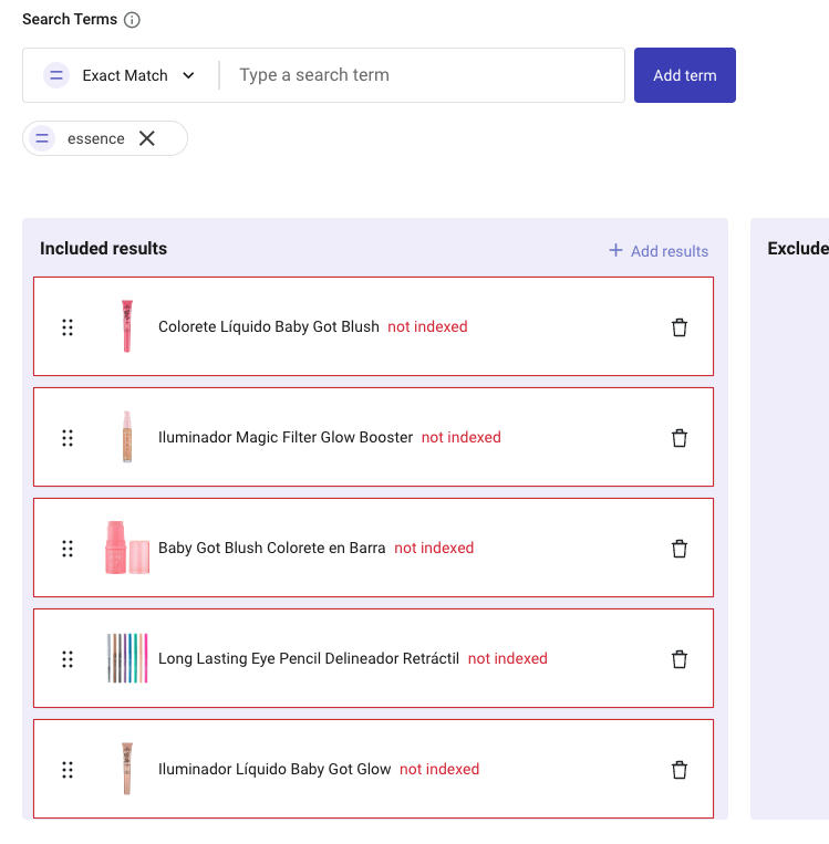 custom results not indexed