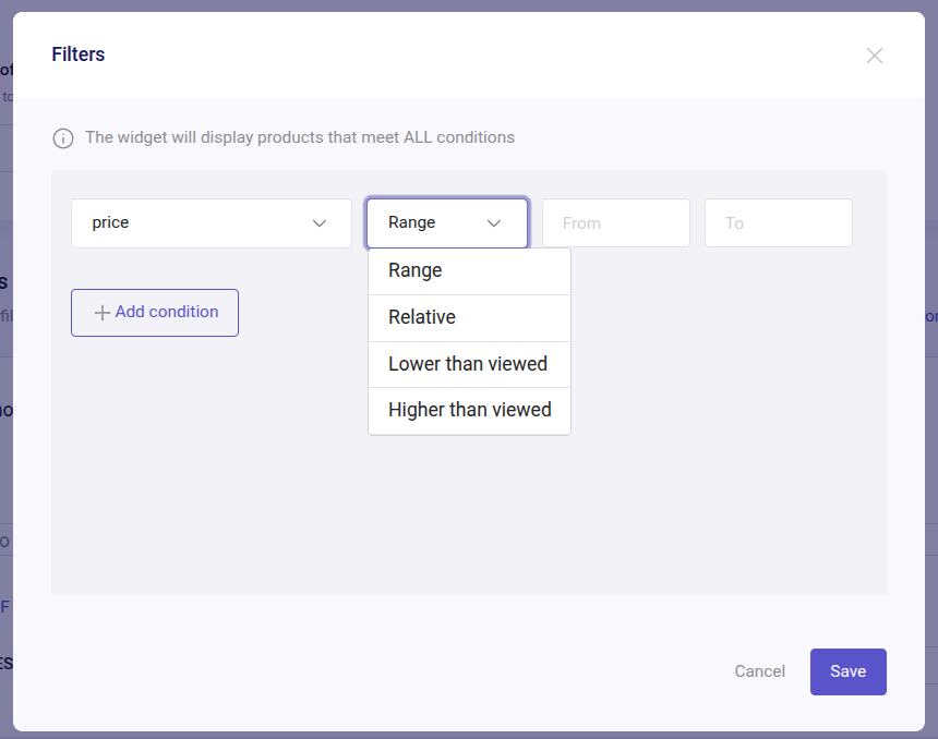 recommendations price filter showing the dropdown of range, relative, lower than viewed, higher tan viewed