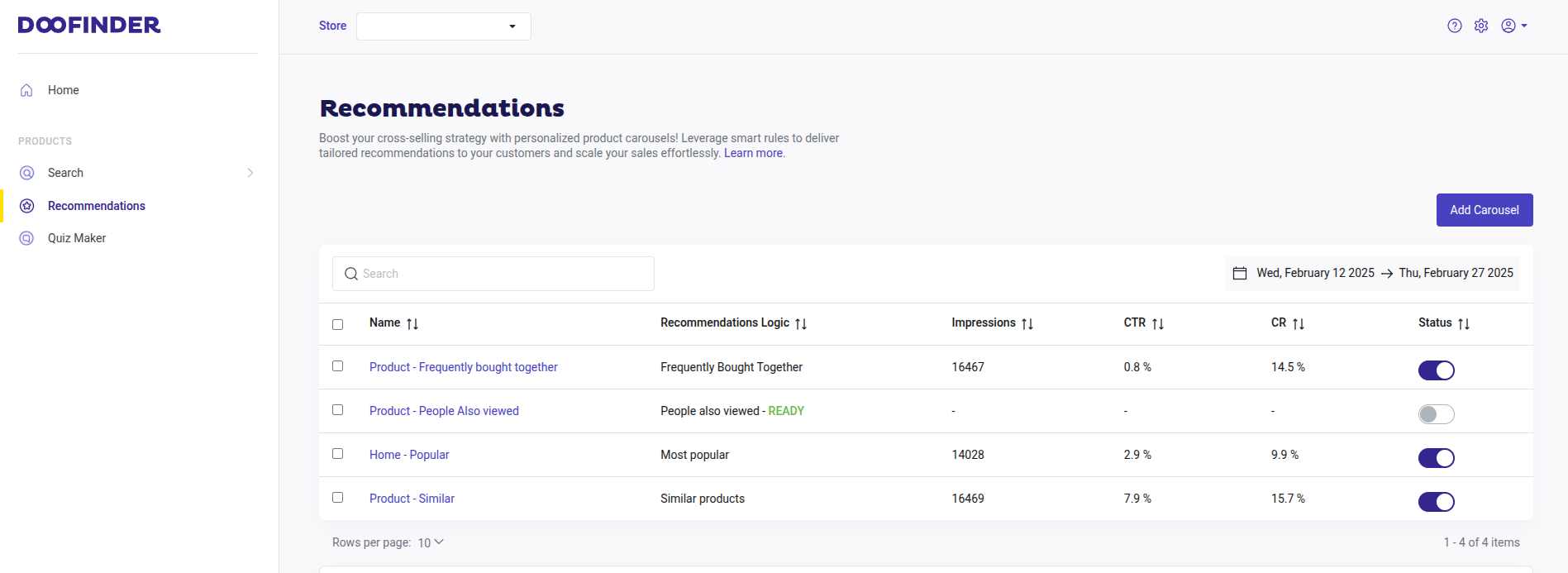 panel recommendations carousels