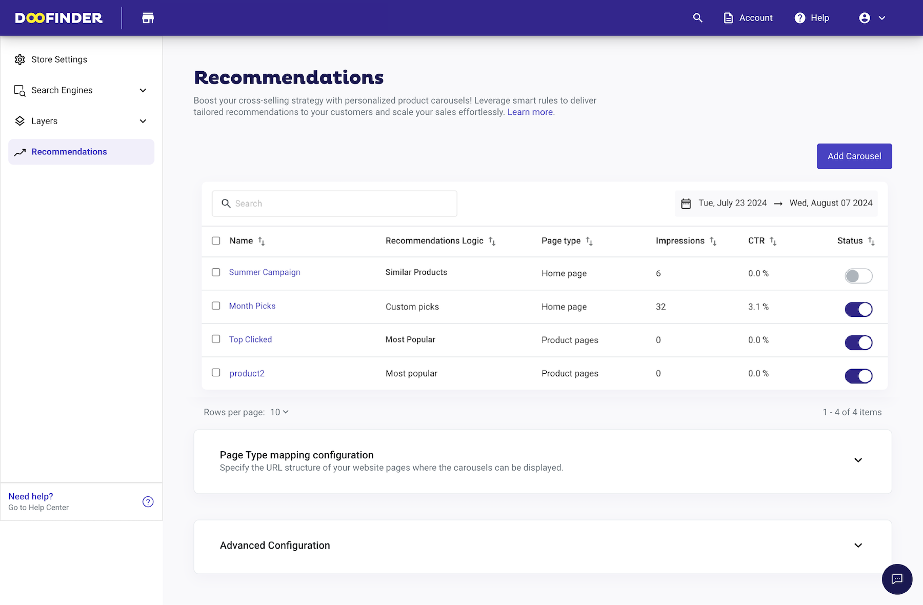 panel recommendations carousels