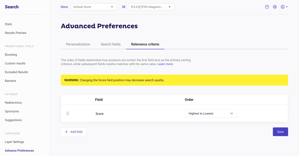 Find Relevance Criteria on Advanced Preferences