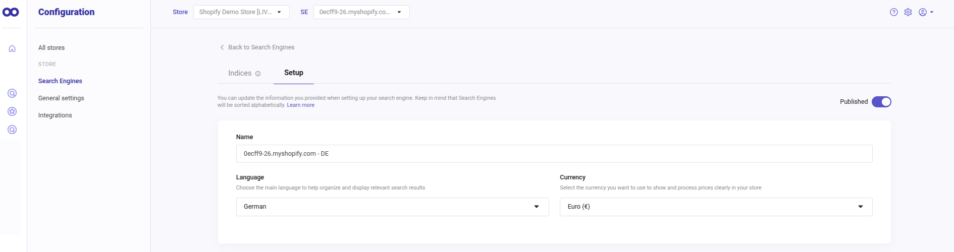 Add the language and currency in the Setup panel