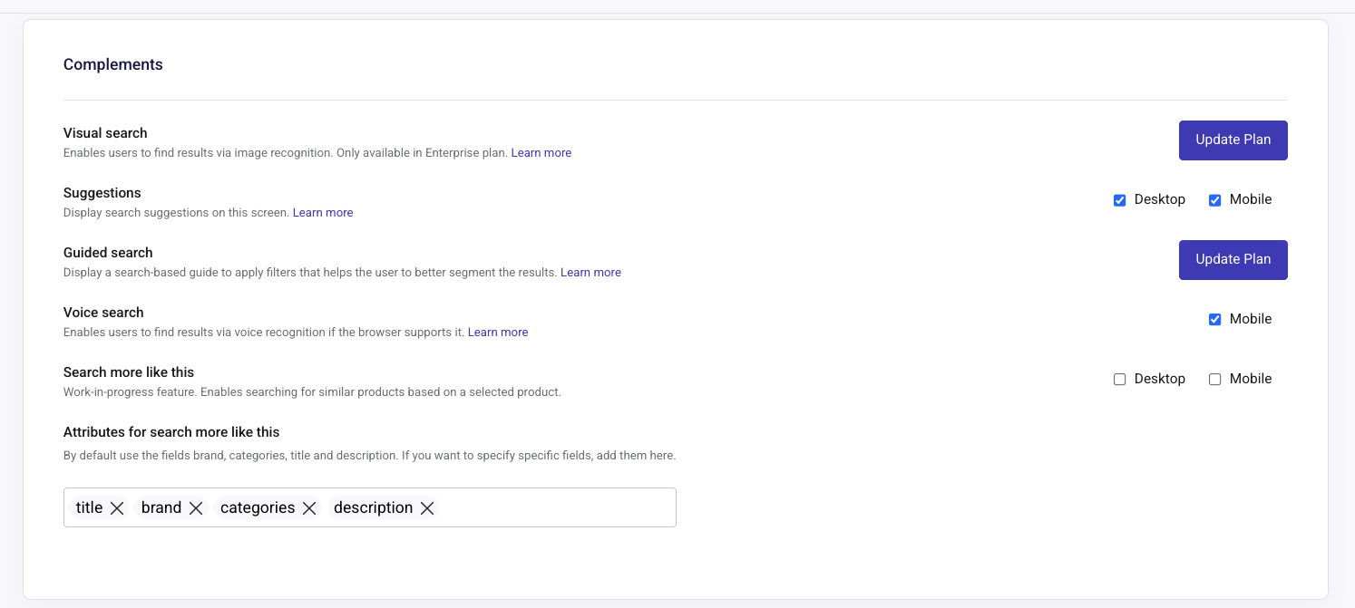 Complements panel, activate search more like this