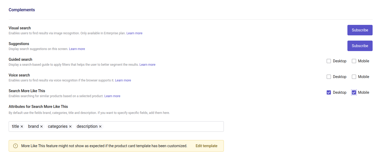 Complements panel, activate search more like this