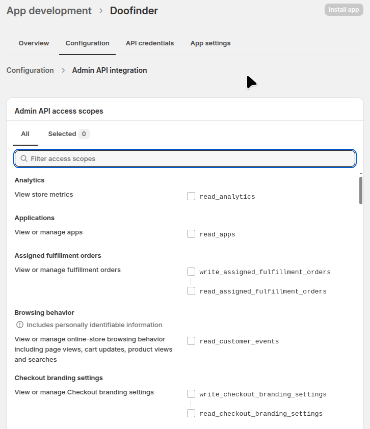Click on configure API Scopes and select the scopes from the list above