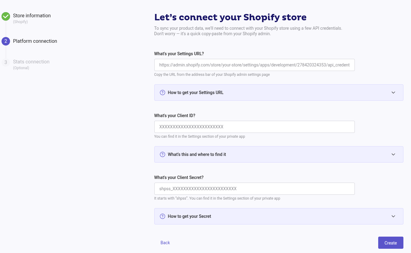 Create store first step, URL, platform and industry