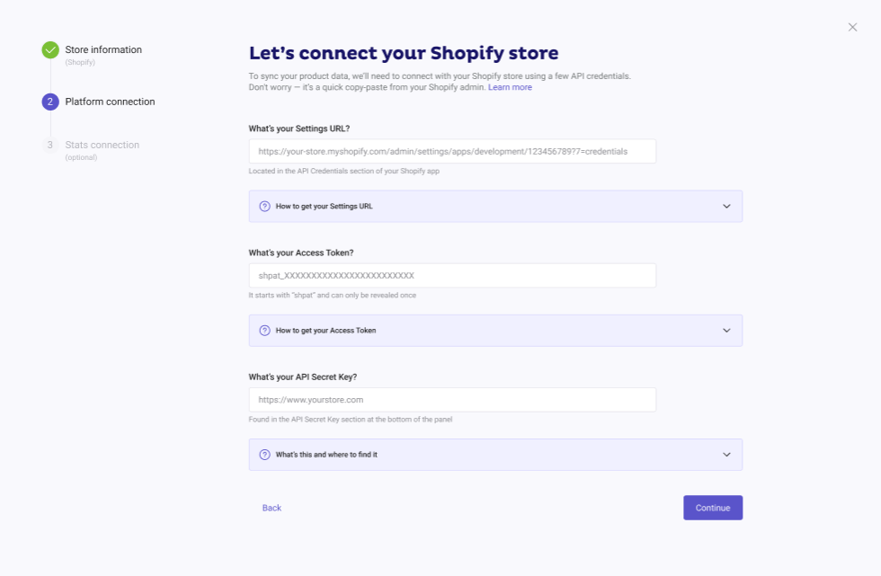 Platform Connection pop-up example