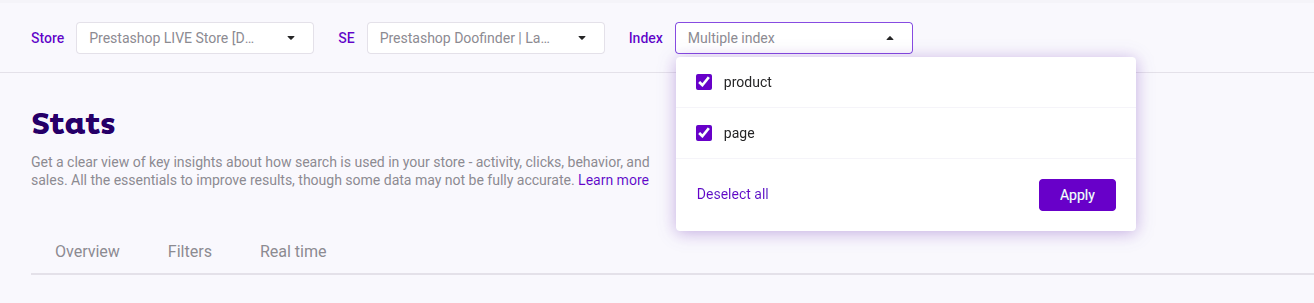 Dropdown menus to choose Store, Search Engine and Index