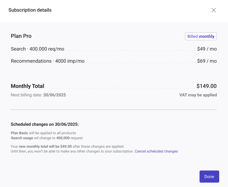Pop-up of subscription details from view panel with details of a plan, requests and billing.