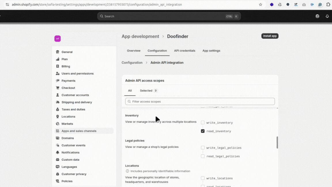 Select the URL from the API Credentials section to paste it in the store creation of the Doofinder Admin Panel