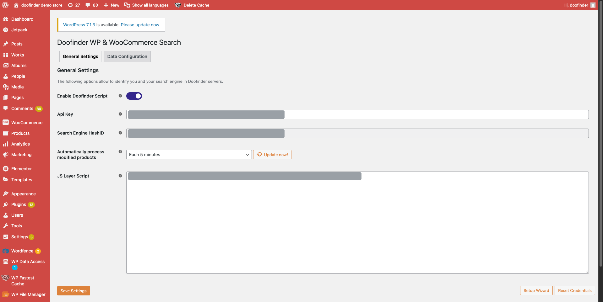 Doofinder General Settings tab in the WooCommerce plugin
